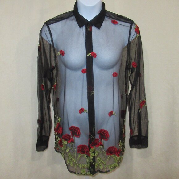 ASOS Design Sheer Embroidered Rose Button-Up | Size L - Picture 1 of 13